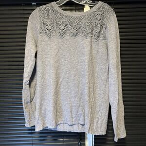 Buffalo David Bitton Sweater Womens L Gray Crochet Lace Trim Long Sleeve Knit